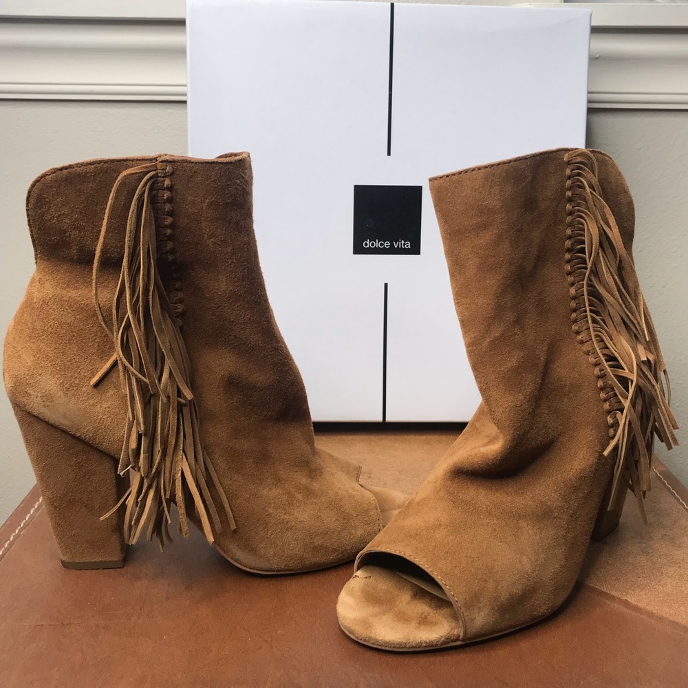 Dolce Vita Dark Saddle Suede Open Toed Bootie Heel